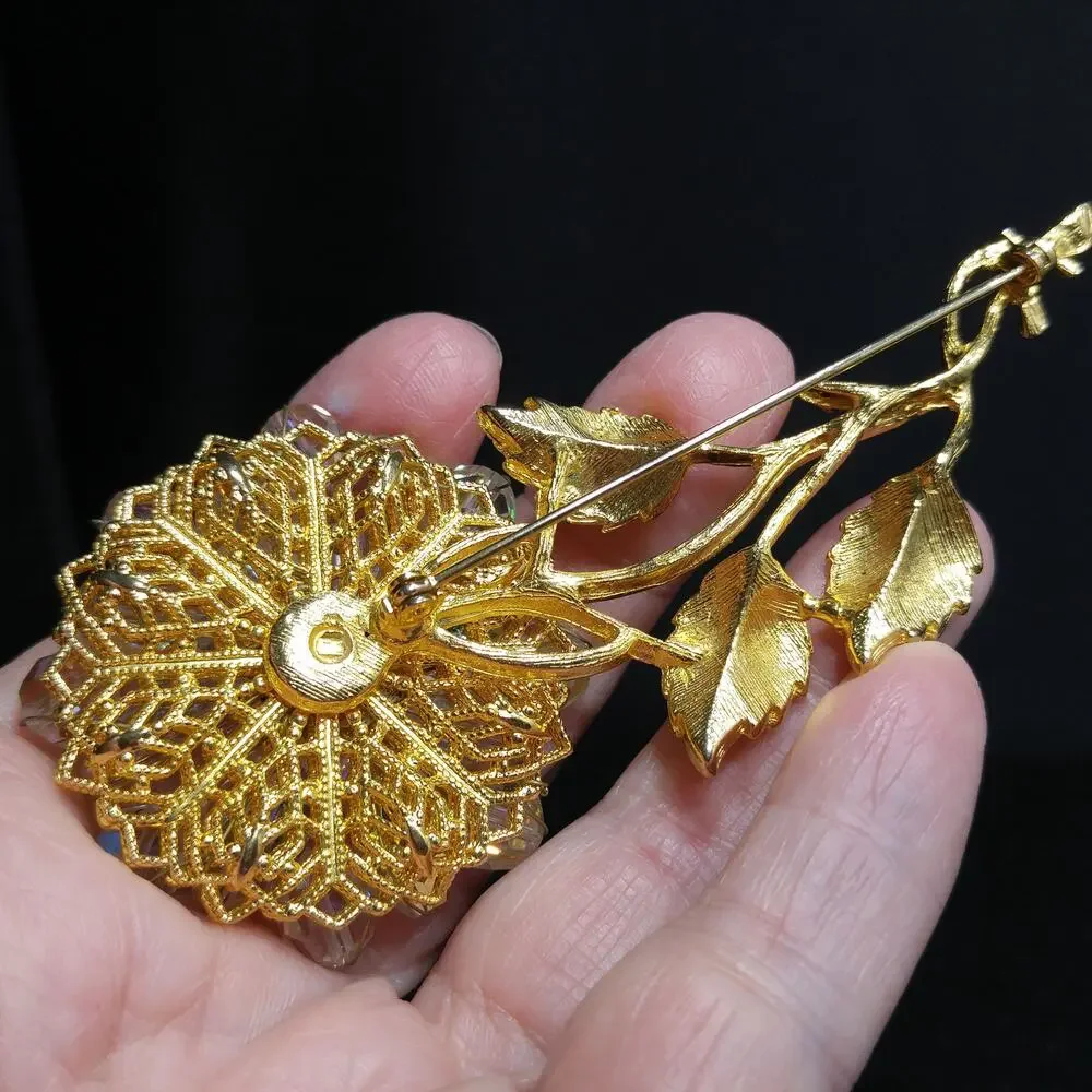 Vintage 1960s Crystal Beaded Flower Brooch, Gold Tone